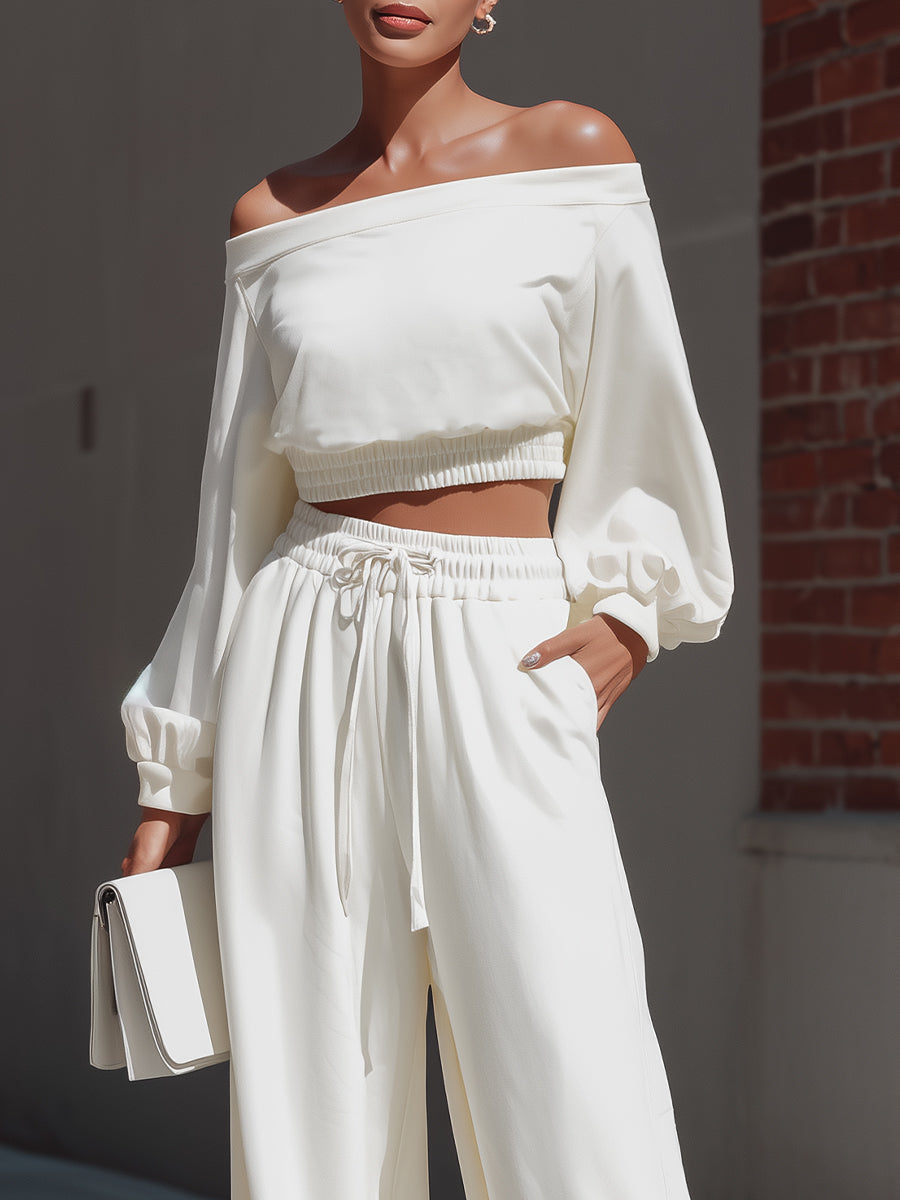 Off-Shoulder Crop Top & Wide-Leg Pants Loungewear Sæt