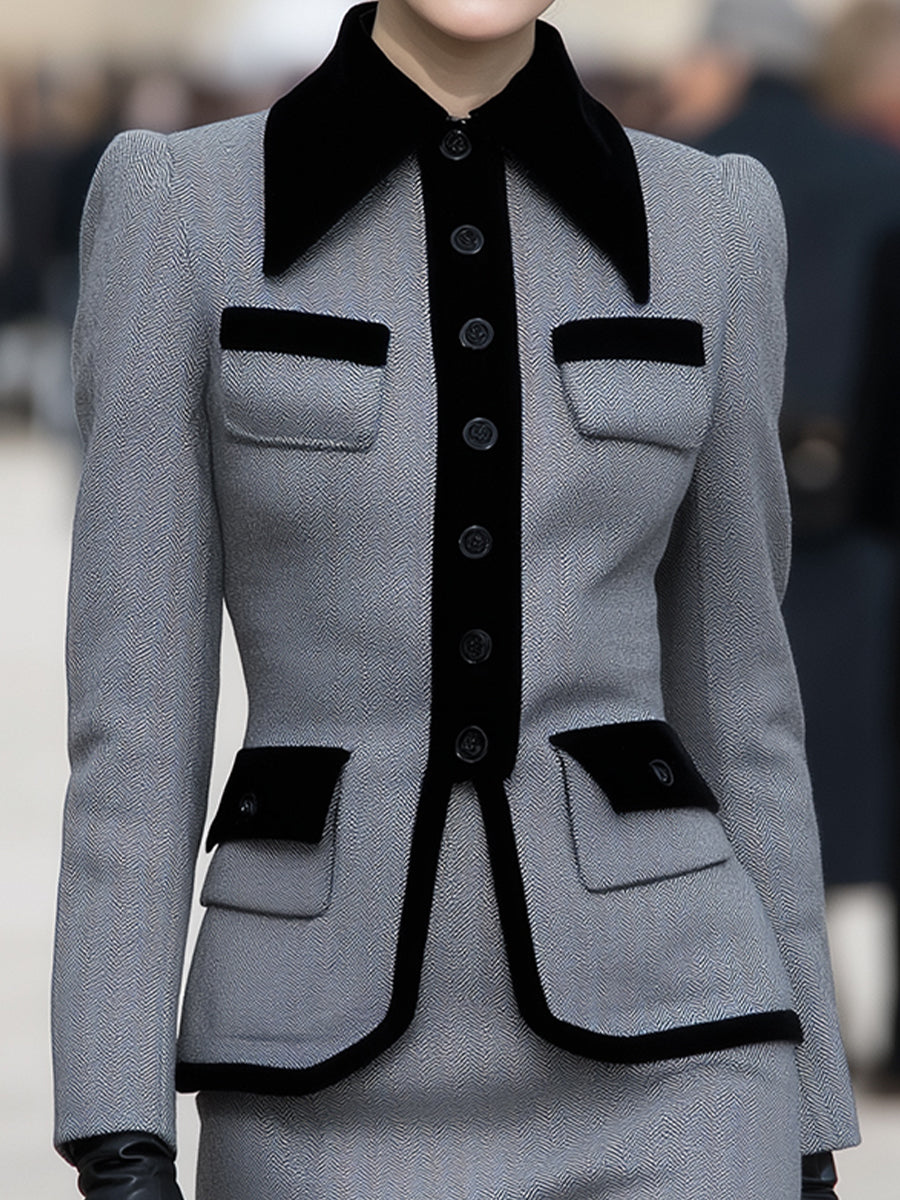 Elegant Herringbone Blazer & Blyantskirtsæt