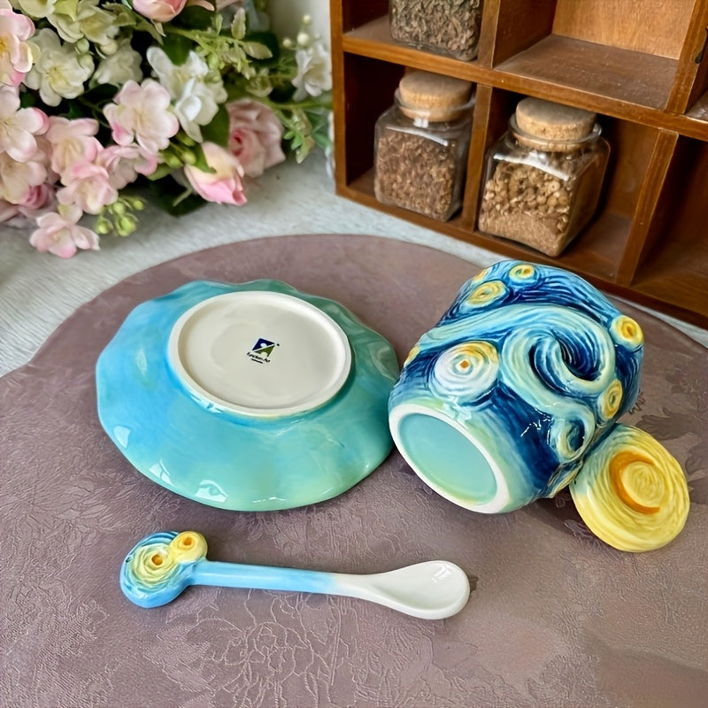 ArtSip Keramisk Kop & Skål Sæt – Håndmalet 3D Design inspireret af Van Gogh