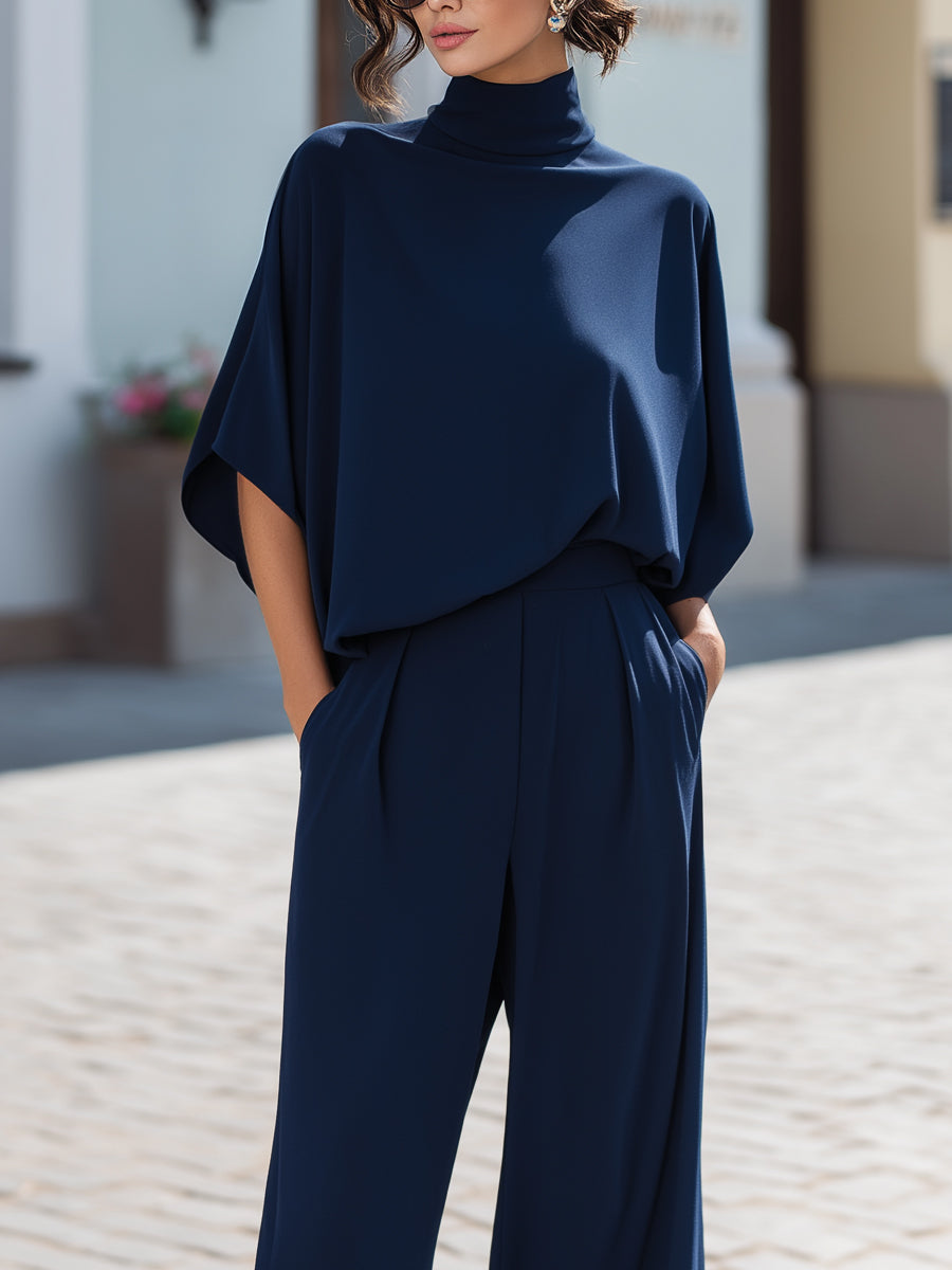 Minimalistisk Højhalset Draperet Bluse & Bredbenet Bukse Sæt