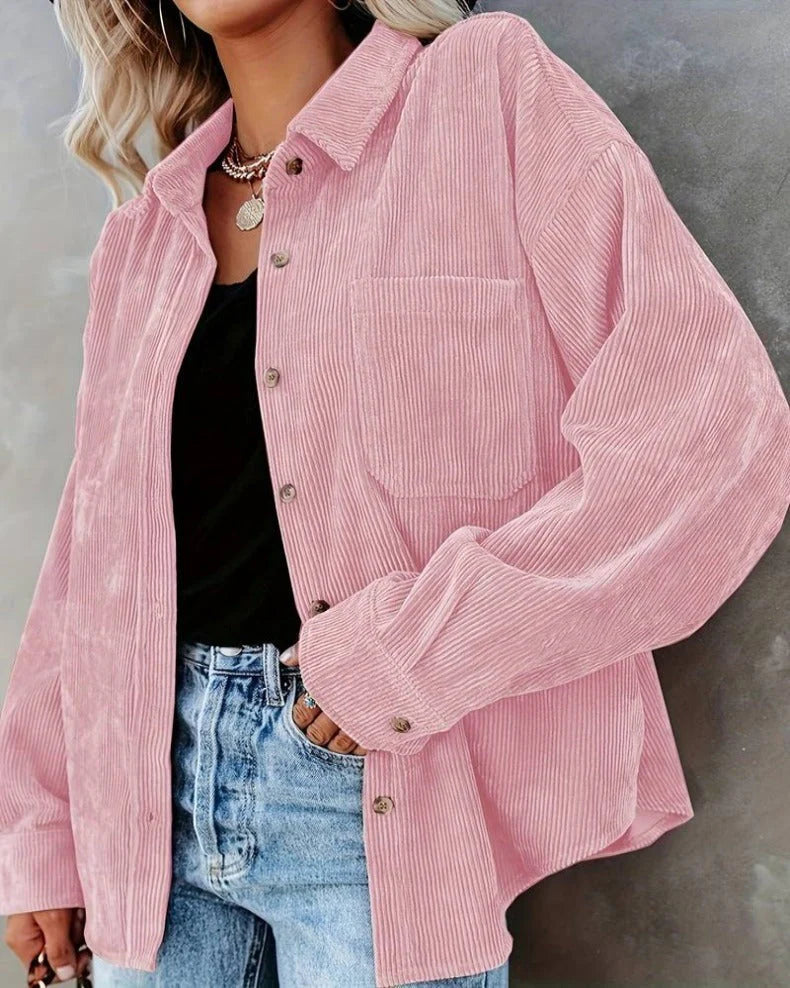 Ainsley Chemise Dame – Casual Vintage Skjorte i Blødt Kordfløjl med Brystlomme