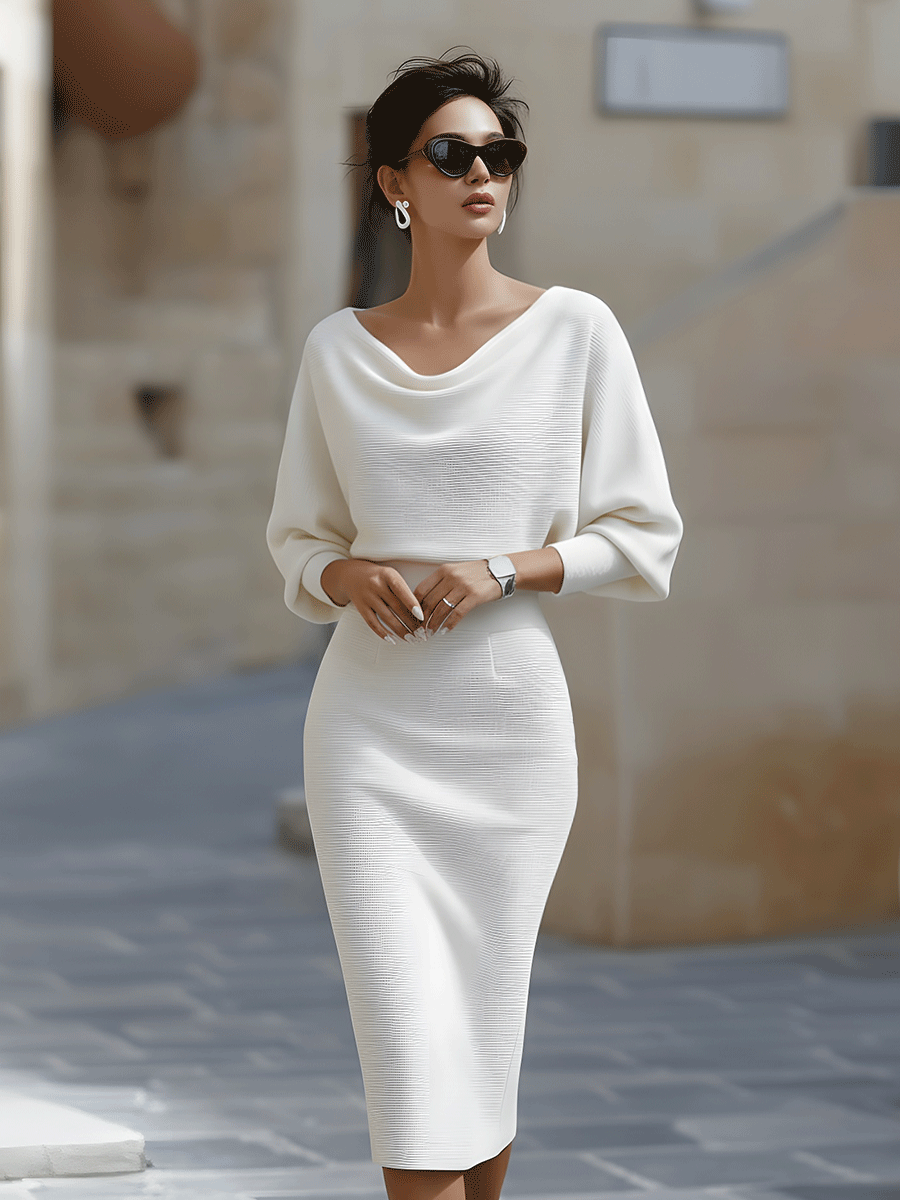 Olivia | Hvid Draperet Batwing Midi Kjole