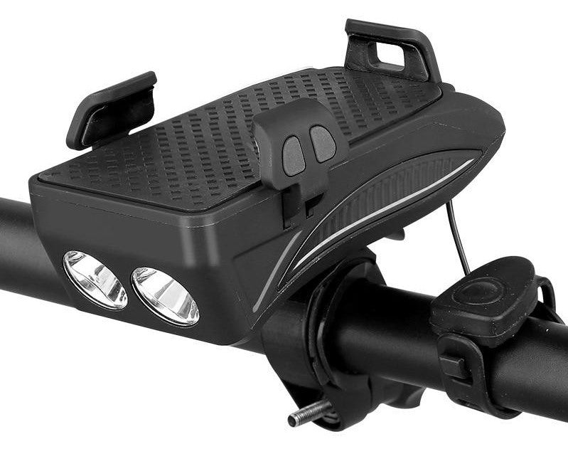 4-i-1 Cykelgadgets – Telefonholder, Powerbank, LED Belysning og Klaxon