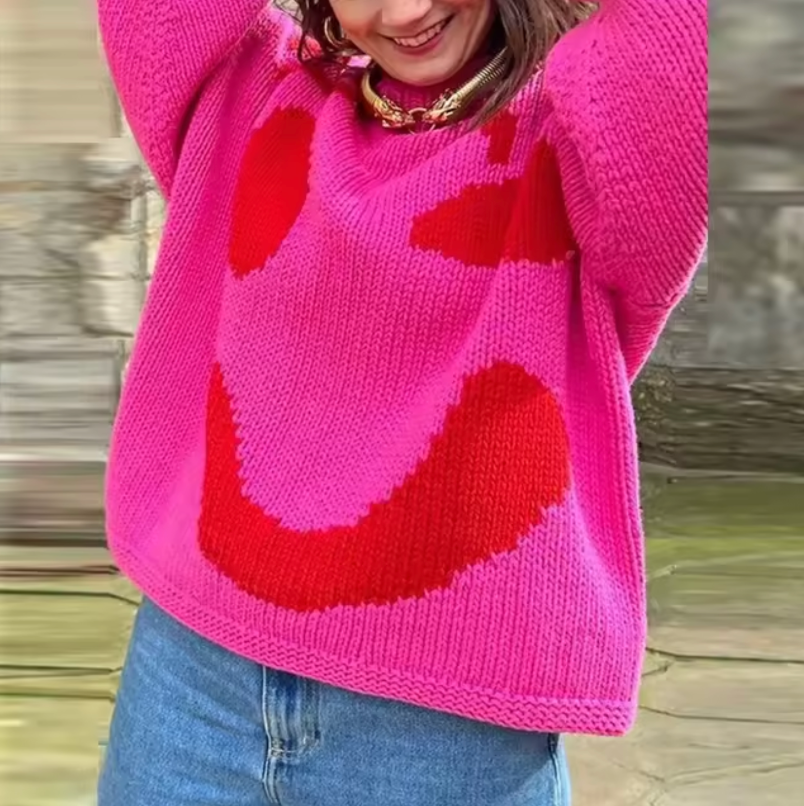 Fay Oversize Bohemian Kvinders Sweater – Blød Bomulds Sweatshirt med Trendy Smile Mønster