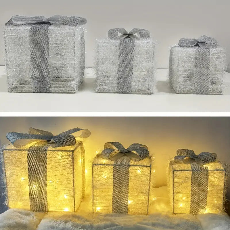 LED-julklappsbelysning – set med 3 belysta presentlådor för inomhus- och utomhusbruk