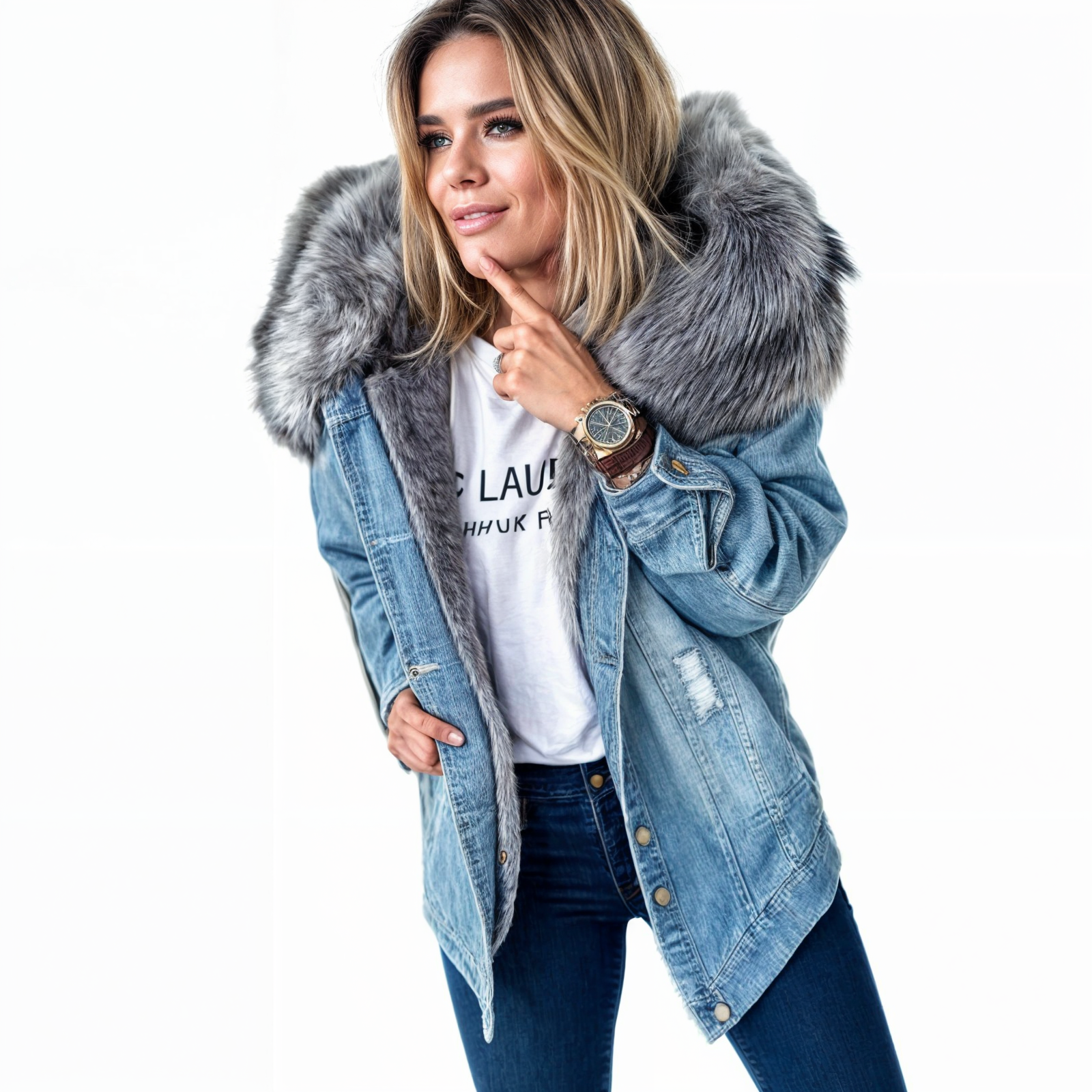 Denimjakke med pelskrave til kvinder