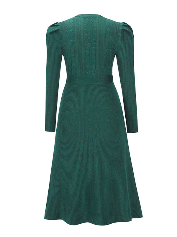 Midi Kjole med Ribbelsstruktur og Bindebælte til Kvinder | Ideel til Arbejde og Mellemsæson