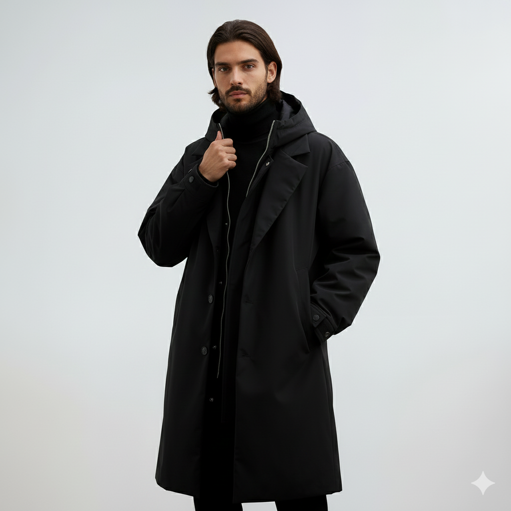 Kennington Herre Hoodie Trench Coat – Elegant Lang Frakke med Lynlås og Knaplukning