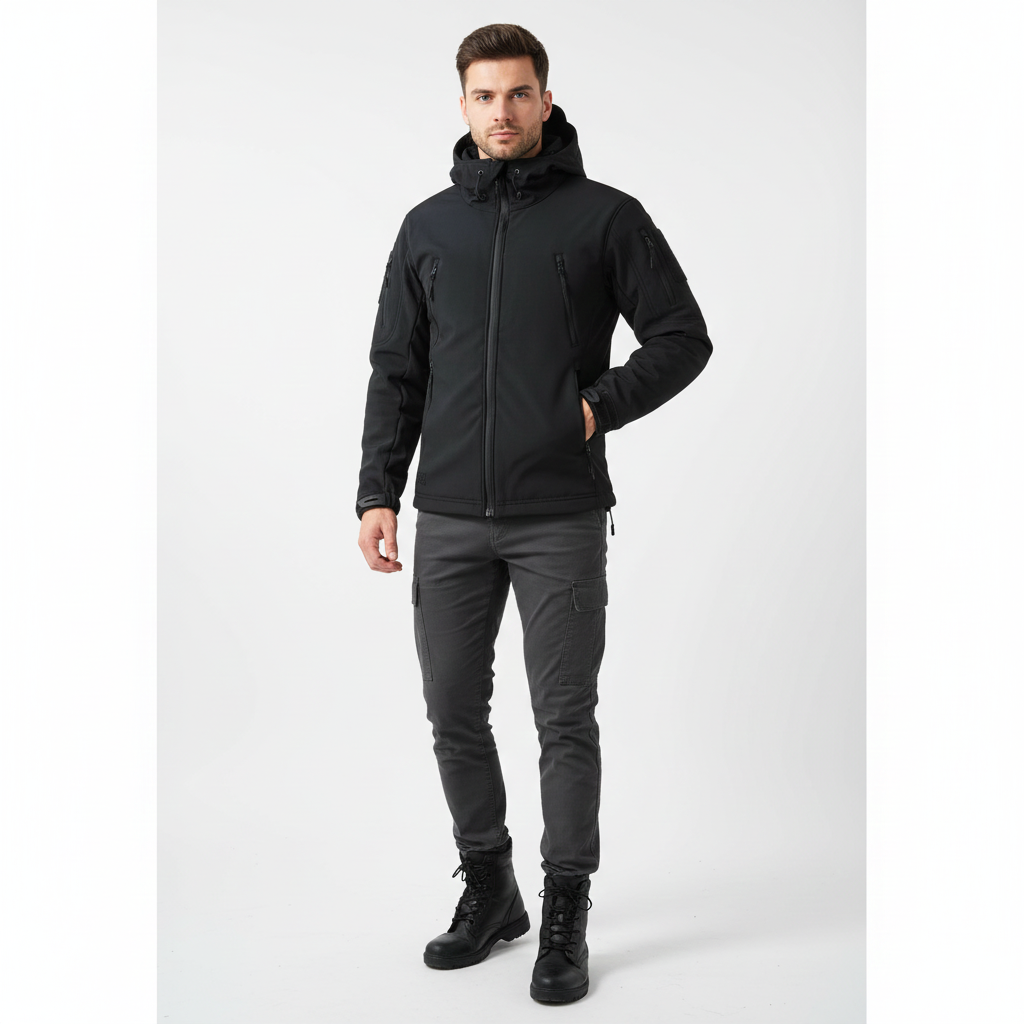 Lusian Herre Softshell Jakke – Justerbar Hættejakke med Lynlås og Lommer