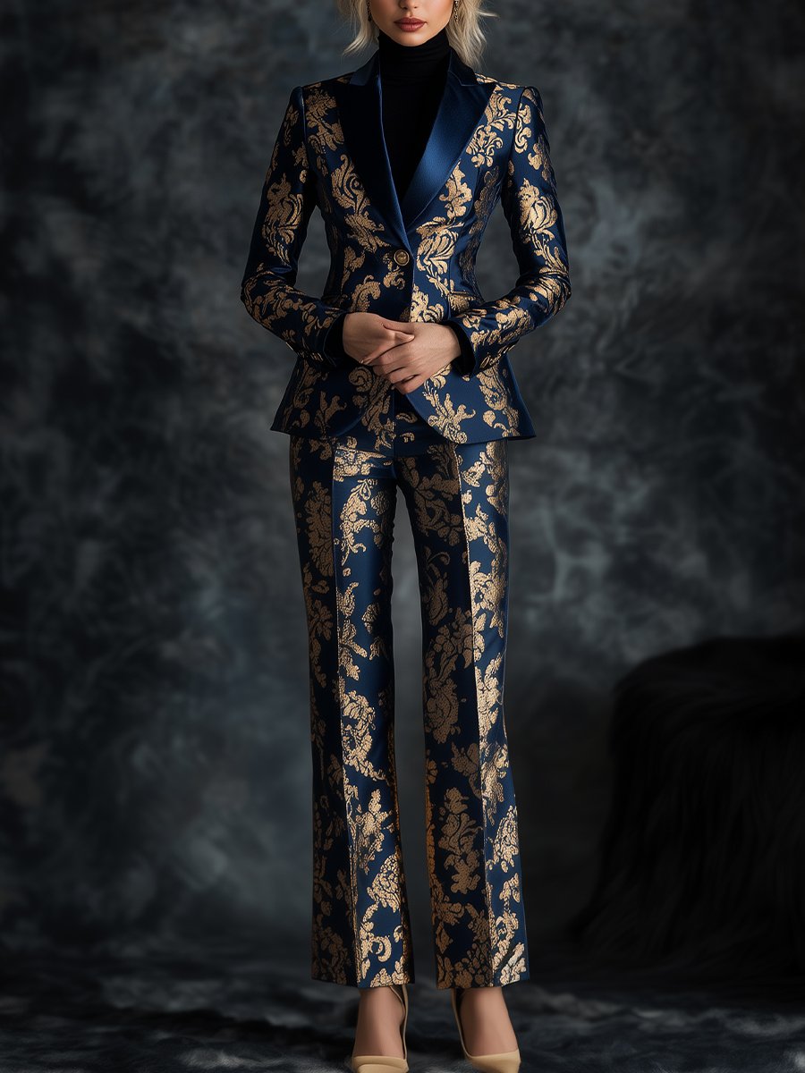 Overdådig Royal Blå Satin Dragt med Gyldne Ornate Motiver Trykt