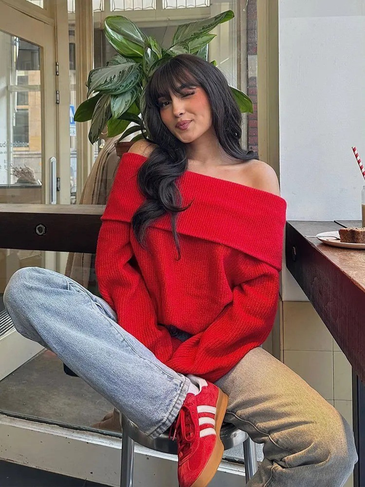 Strikket off shoulder-sweater til kvinder