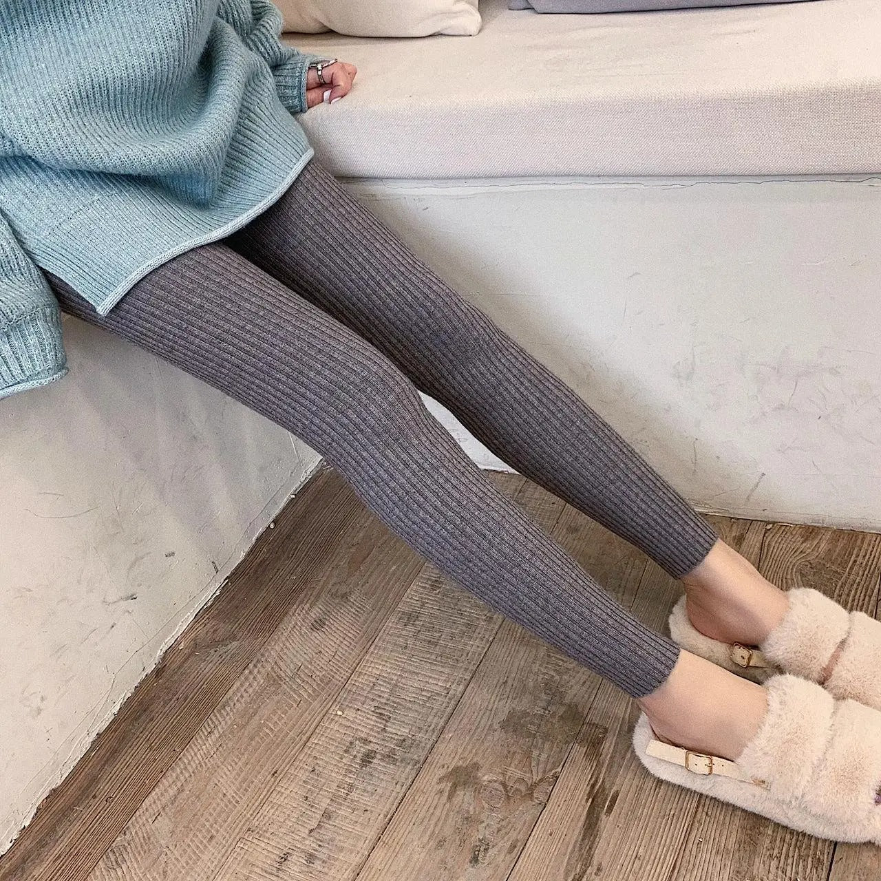 Strikkede ribbede leggings med høj talje til kvinder