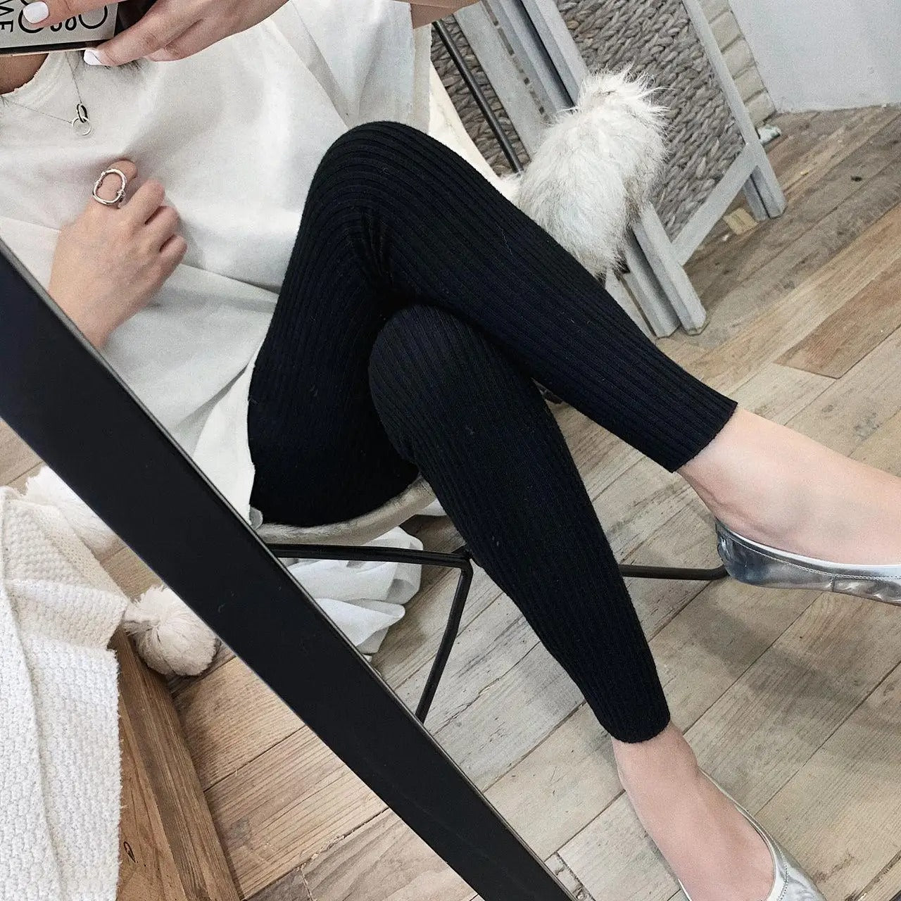 Strikkede ribbede leggings med høj talje til kvinder