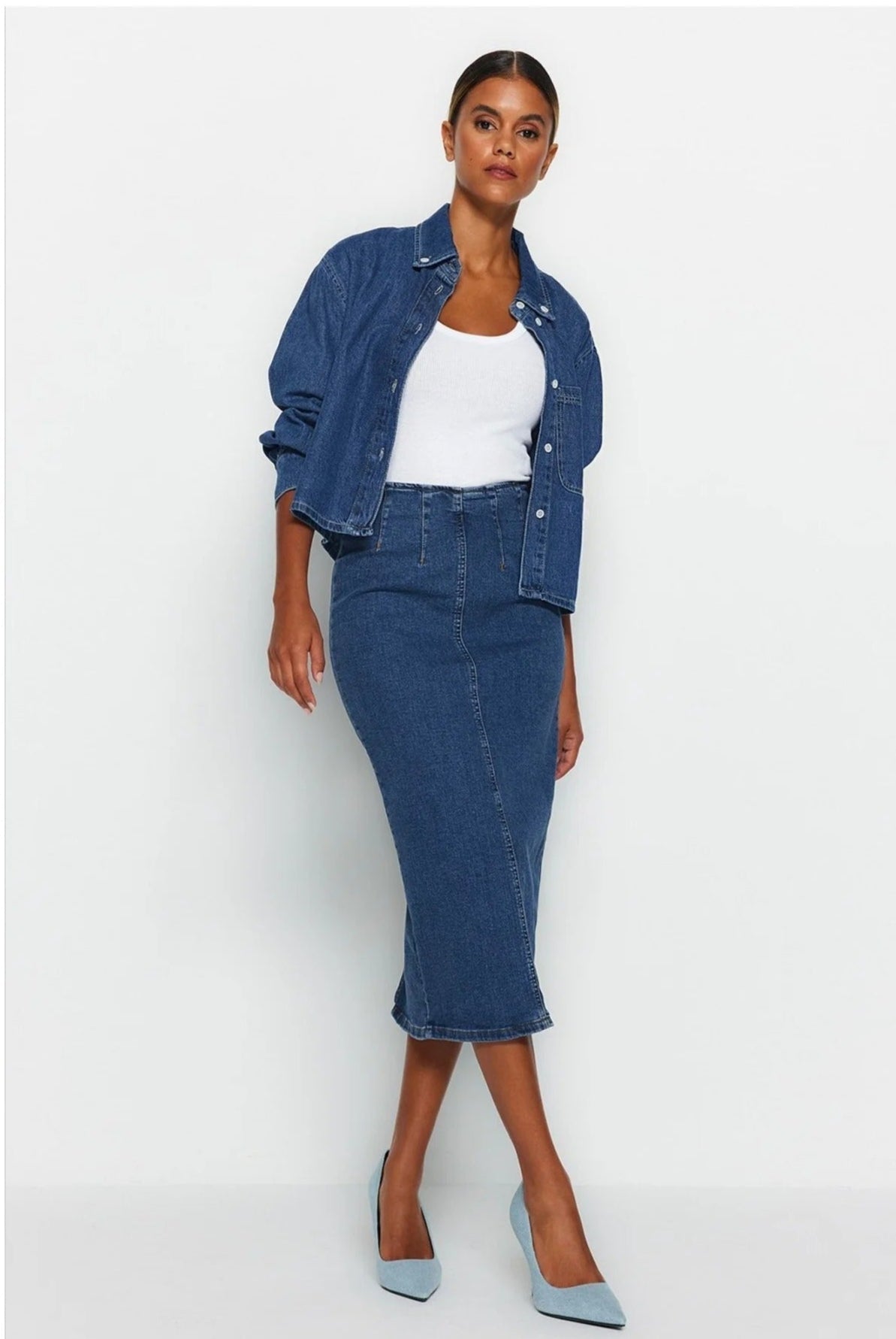 Midi Pencil denimnederdel til kvinder