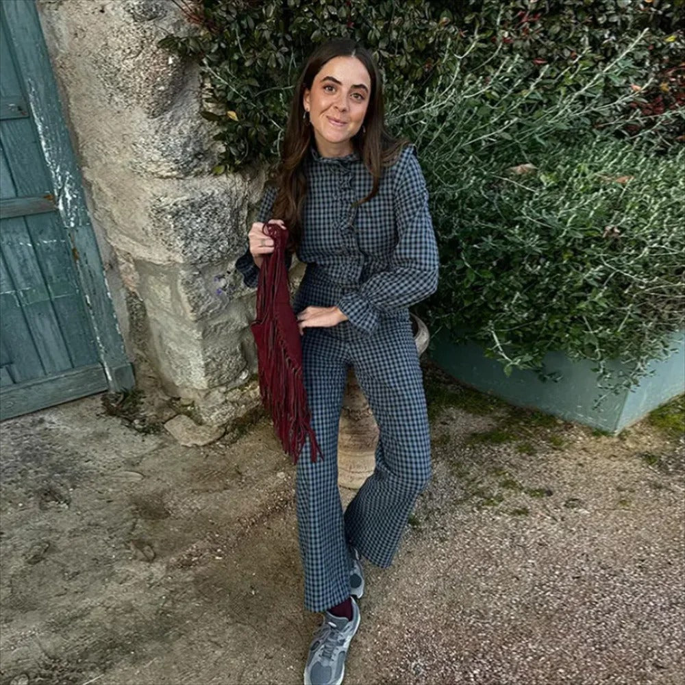 Kvinders bobleærmer plaid jumpsuit
