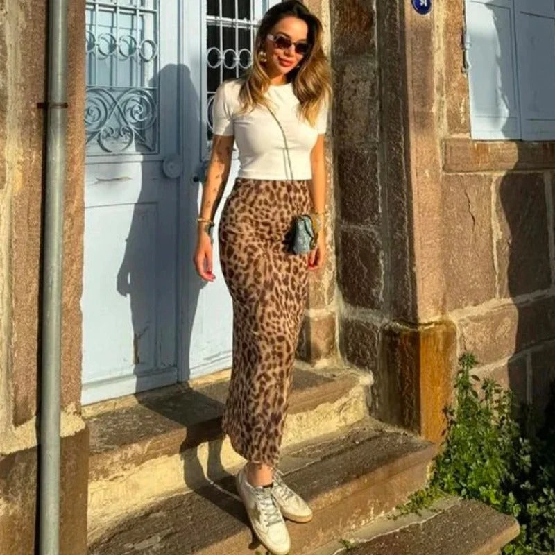 Lang nederdel med leopardprint til kvinder