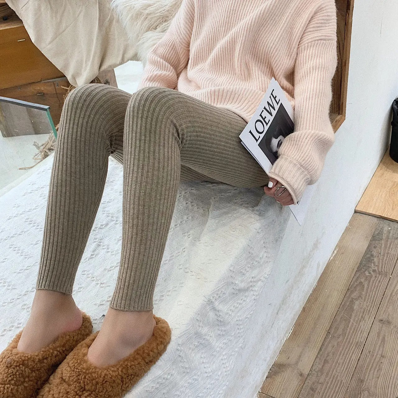 Strikkede ribbede leggings med høj talje til kvinder