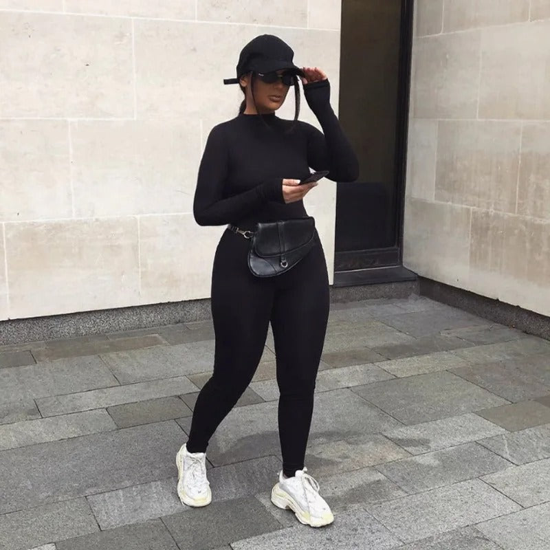 Dame elastisk langærmet jumpsuit