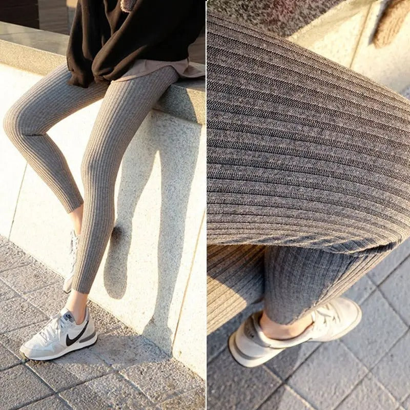 Strikkede ribbede leggings med høj talje til kvinder