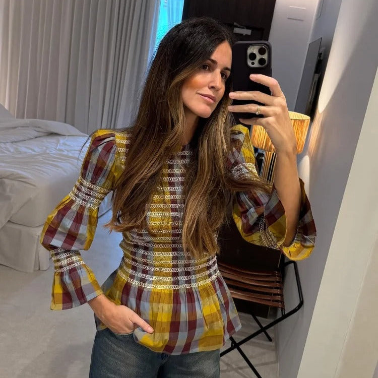 Plaid Puff Sleeve Tee til kvinder