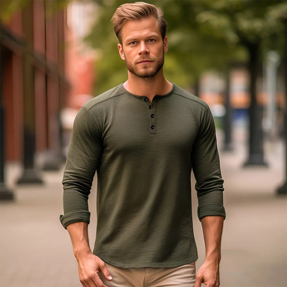 Langærmet T-shirt med Henley-hals til mænd