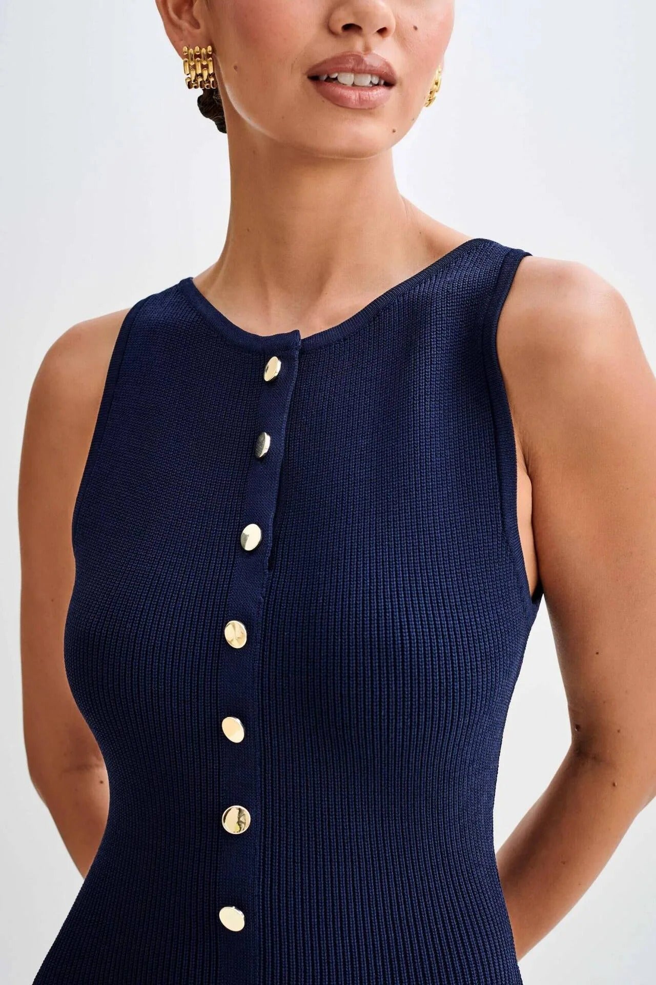 Kvinders strikket ærmeløs Button-Up Bodycon-kjole