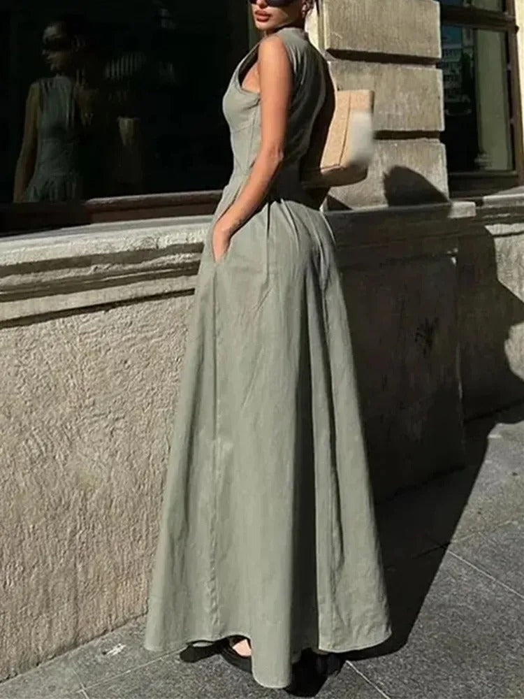 Kvinders ærmeløs lynlås plisseret Bodycon Midi-kjole
