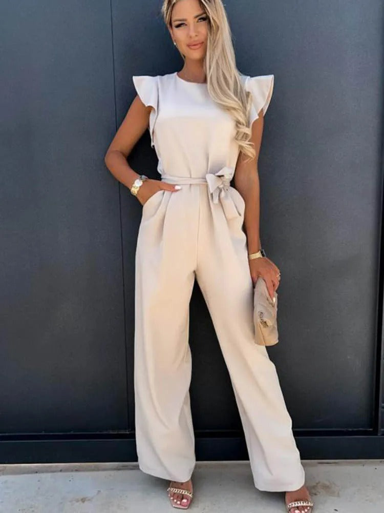 Flæseærmer binde-talje Jumpsuit med brede ben