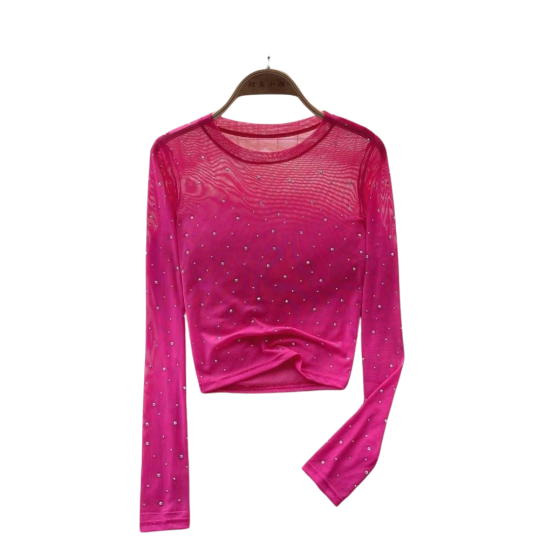 Dame Rhinestone Mesh langærmet Crop Top