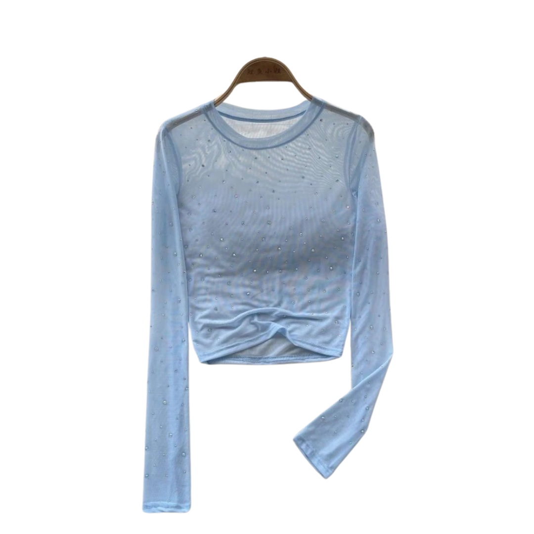 Dame Rhinestone Mesh langærmet Crop Top