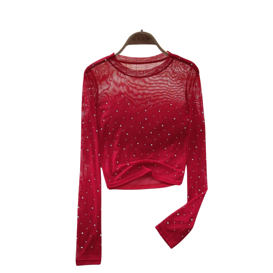 Dame Rhinestone Mesh langærmet Crop Top