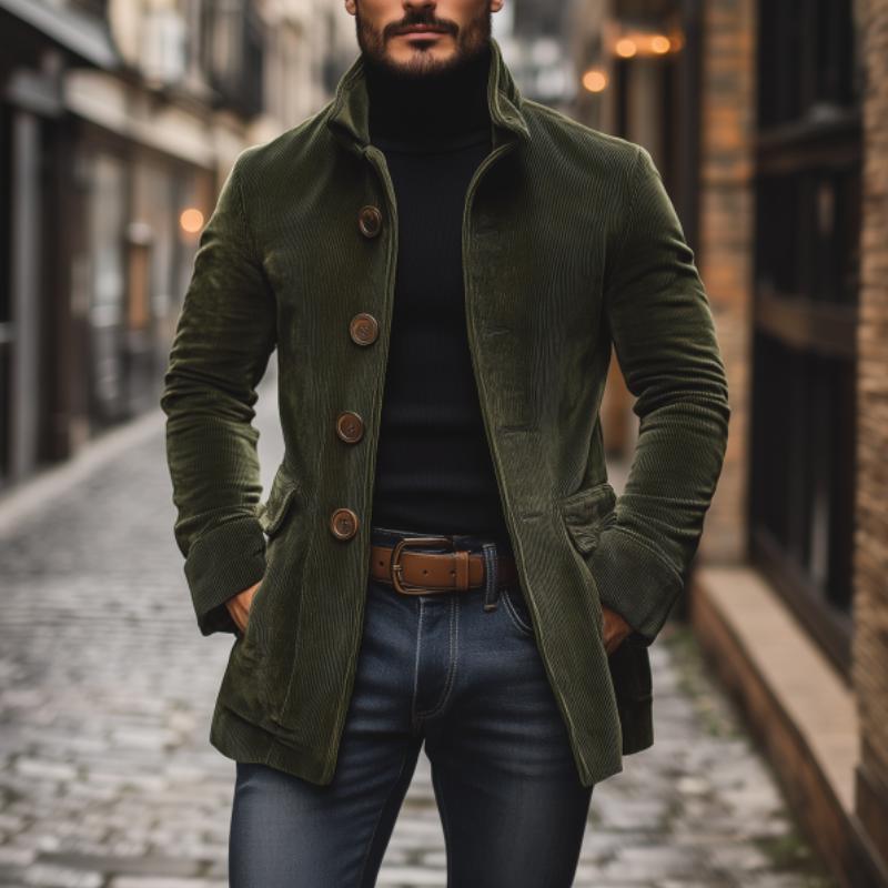 Emerson Herre Corduroy Velvet Frakke – Slim Fit med Stå-Op Krave & Elegante Lommer