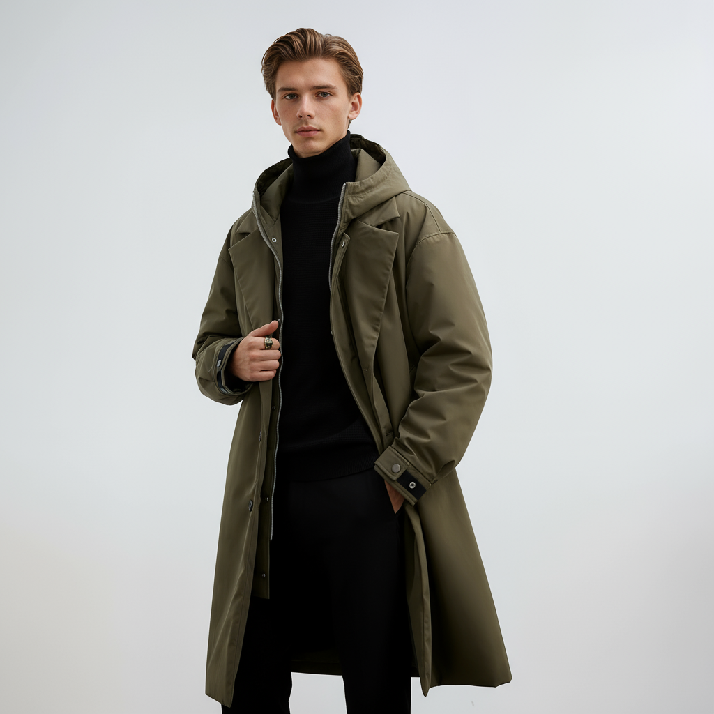 Kennington Herre Hoodie Trench Coat – Elegant Lang Frakke med Lynlås og Knaplukning