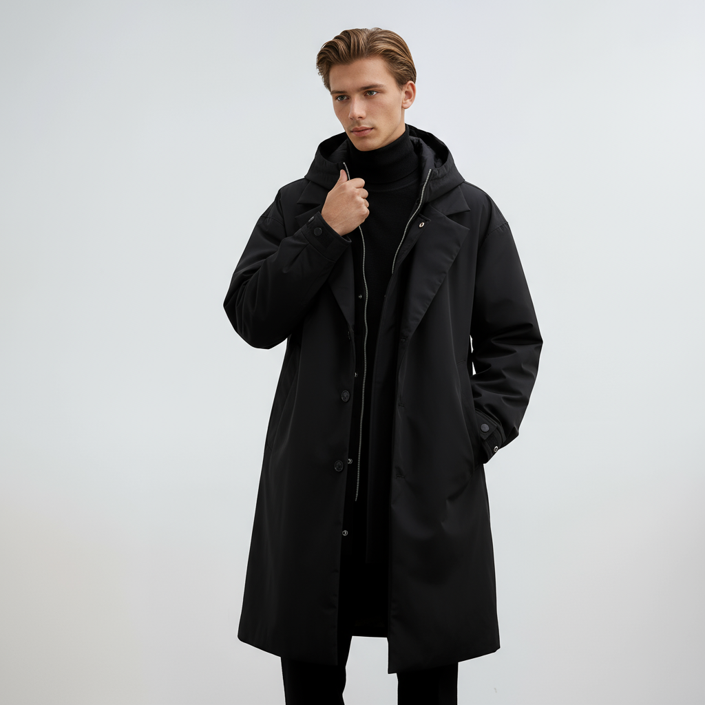 Kennington Herre Hoodie Trench Coat – Elegant Lang Frakke med Lynlås og Knaplukning