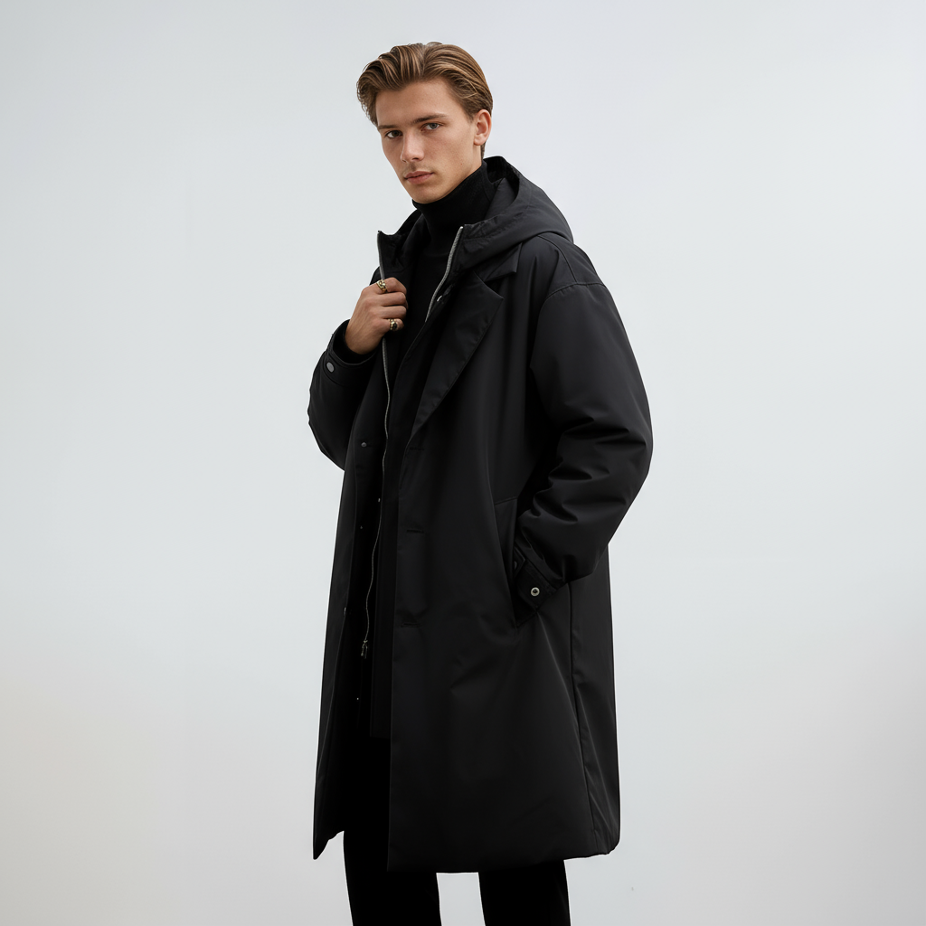 Kennington Herre Hoodie Trench Coat – Elegant Lang Frakke med Lynlås og Knaplukning