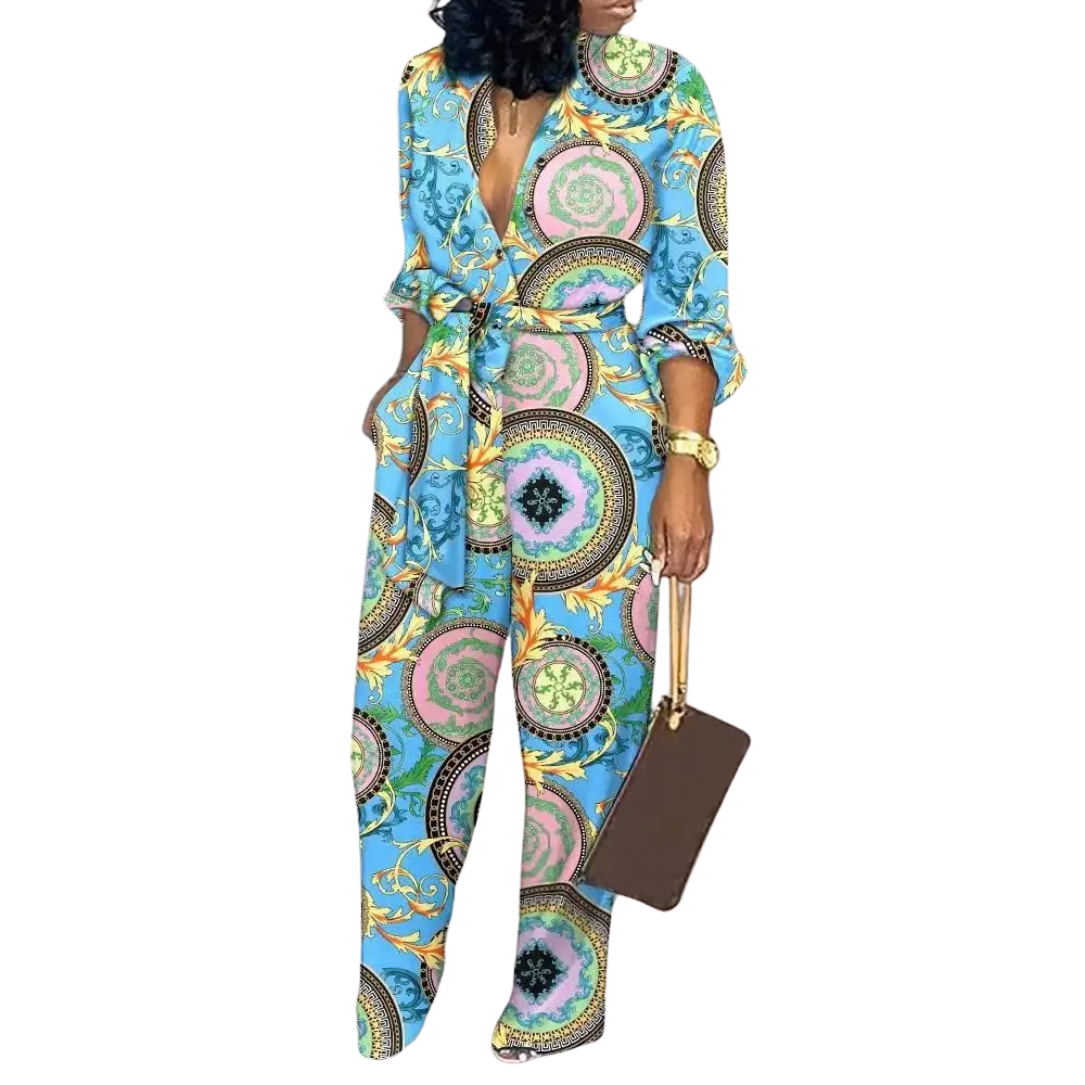 Modeprint V-hals med høj talje Jumpsuit