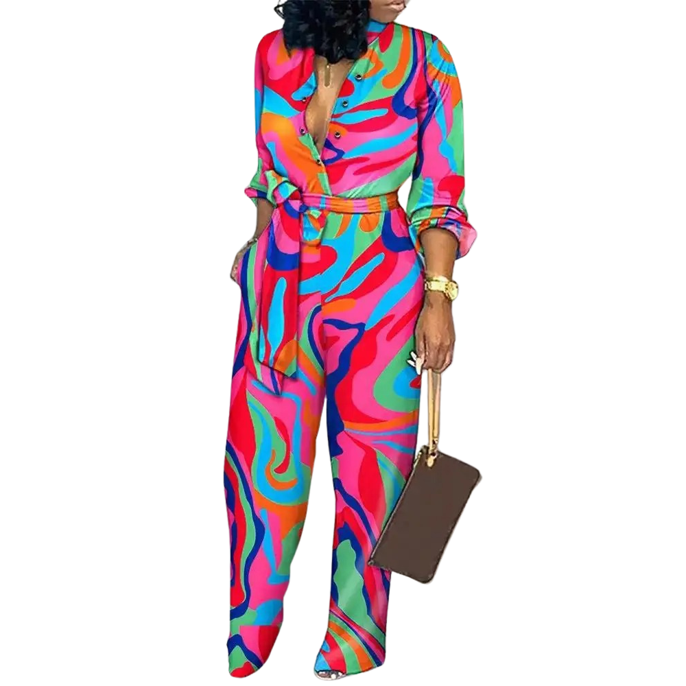 Modeprint V-hals med høj talje Jumpsuit