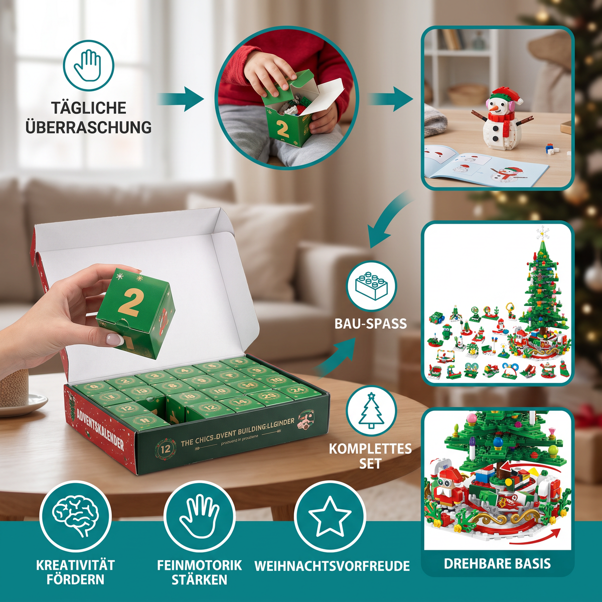 Julgran med byggbitar, adventskalender – 24 dagar fyllda med byggglädje