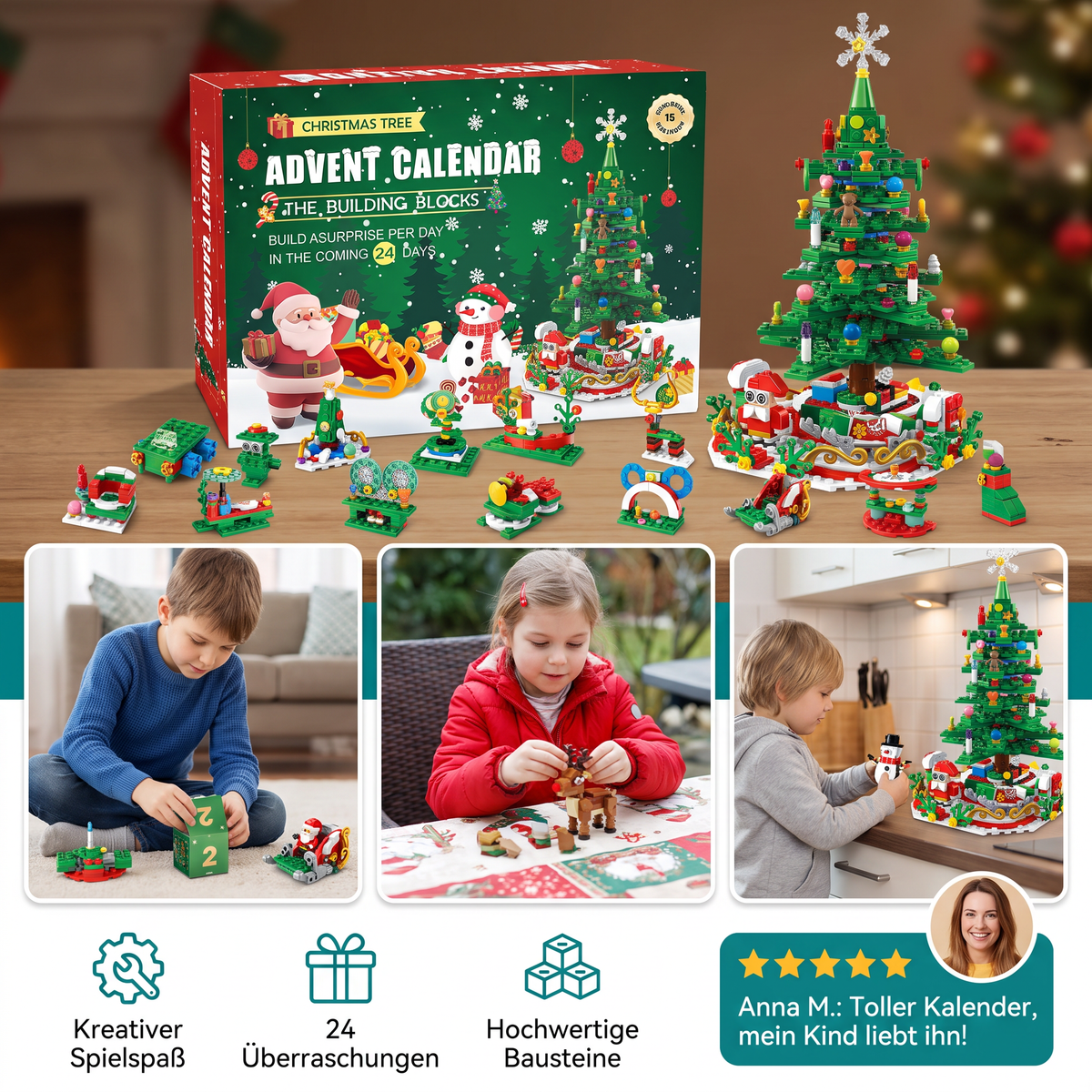Julgran med byggbitar, adventskalender – 24 dagar fyllda med byggglädje