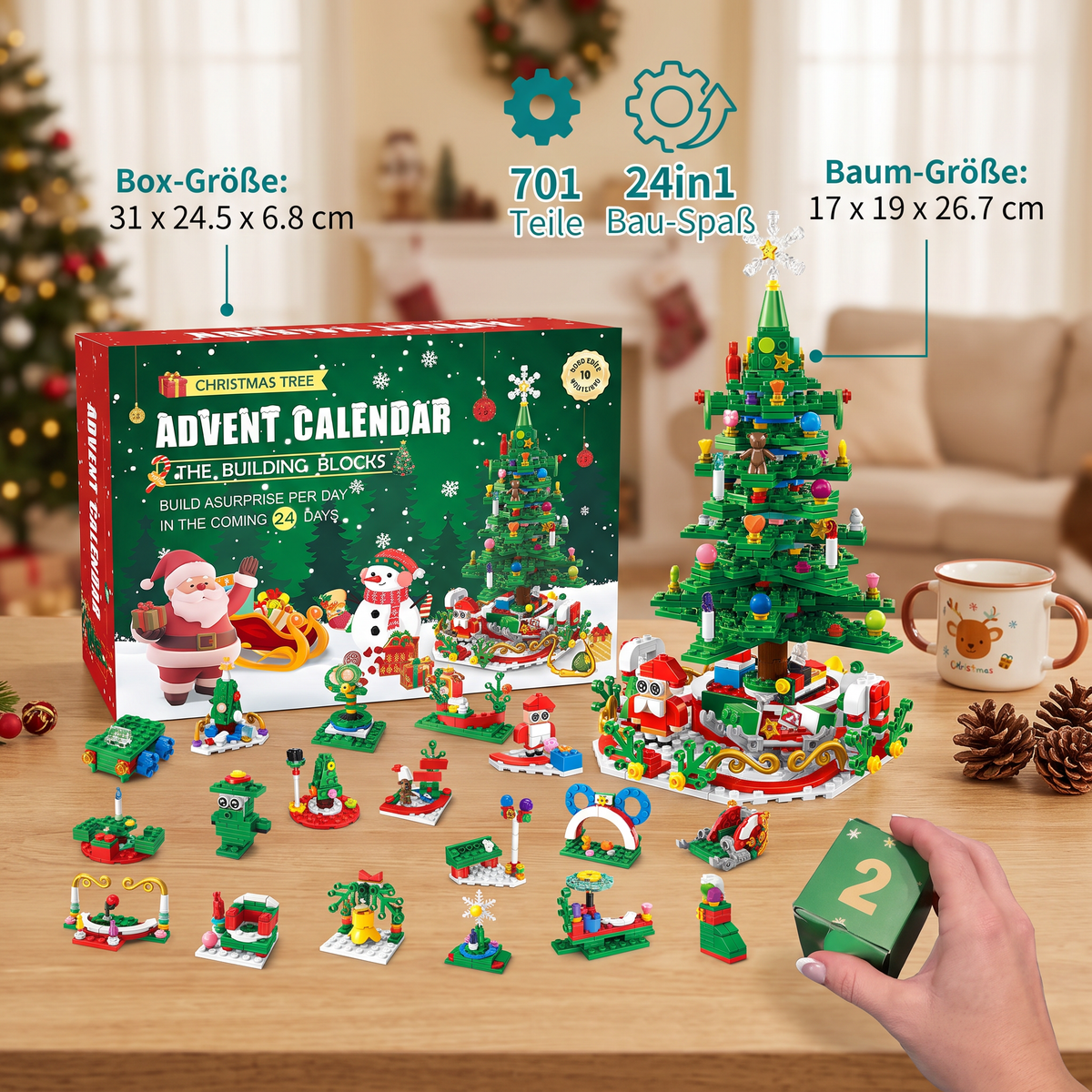 Julgran med byggbitar, adventskalender – 24 dagar fyllda med byggglädje