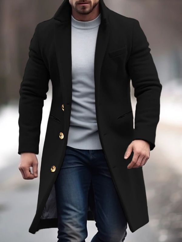 Robert Manteau Mand Vinter – Lang Elegant med Praktiske Lommer, Knapper & Tætsiddende Snit