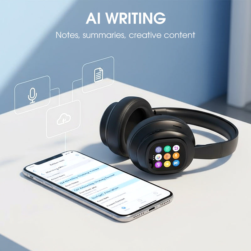 AIWave | AI Bluetooth Hovedtelefoner med LCD-Skærm, Stemmekontrol, Støjisolering til Musik og Opkald