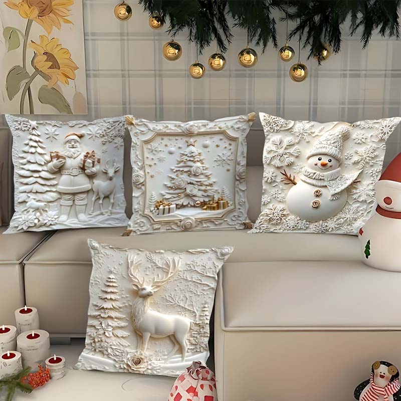 CozyKerst 4-delt pude betræk sæt – varm festdekoration til hjemmet og stuen