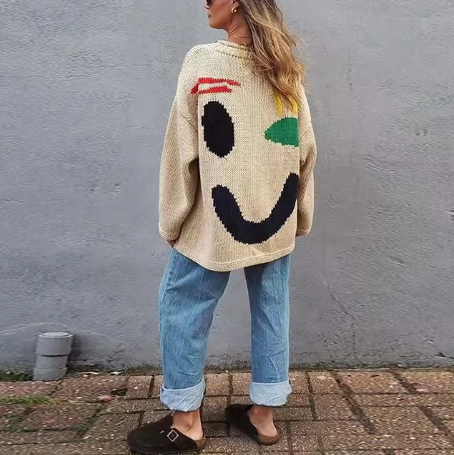 Fay Oversize Bohemian Kvinders Sweater – Blød Bomulds Sweatshirt med Trendy Smile Mønster