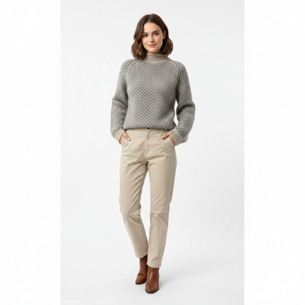 Ailley Kvinders Turtleneck Sweater – Grå & Creme Chevron Mønster i Blødt Strik Casual Fit