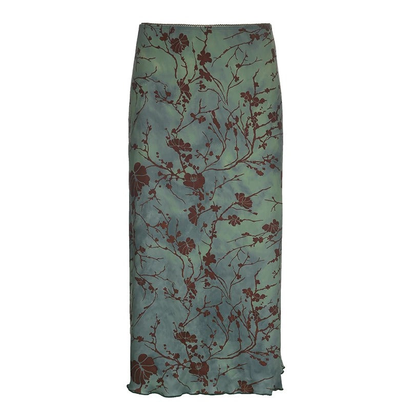 Vintage midi-nederdel med blomsterprint