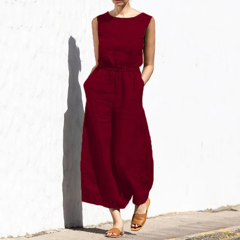 Jumpsuit med høj talje i bomuld og hør til kvinder