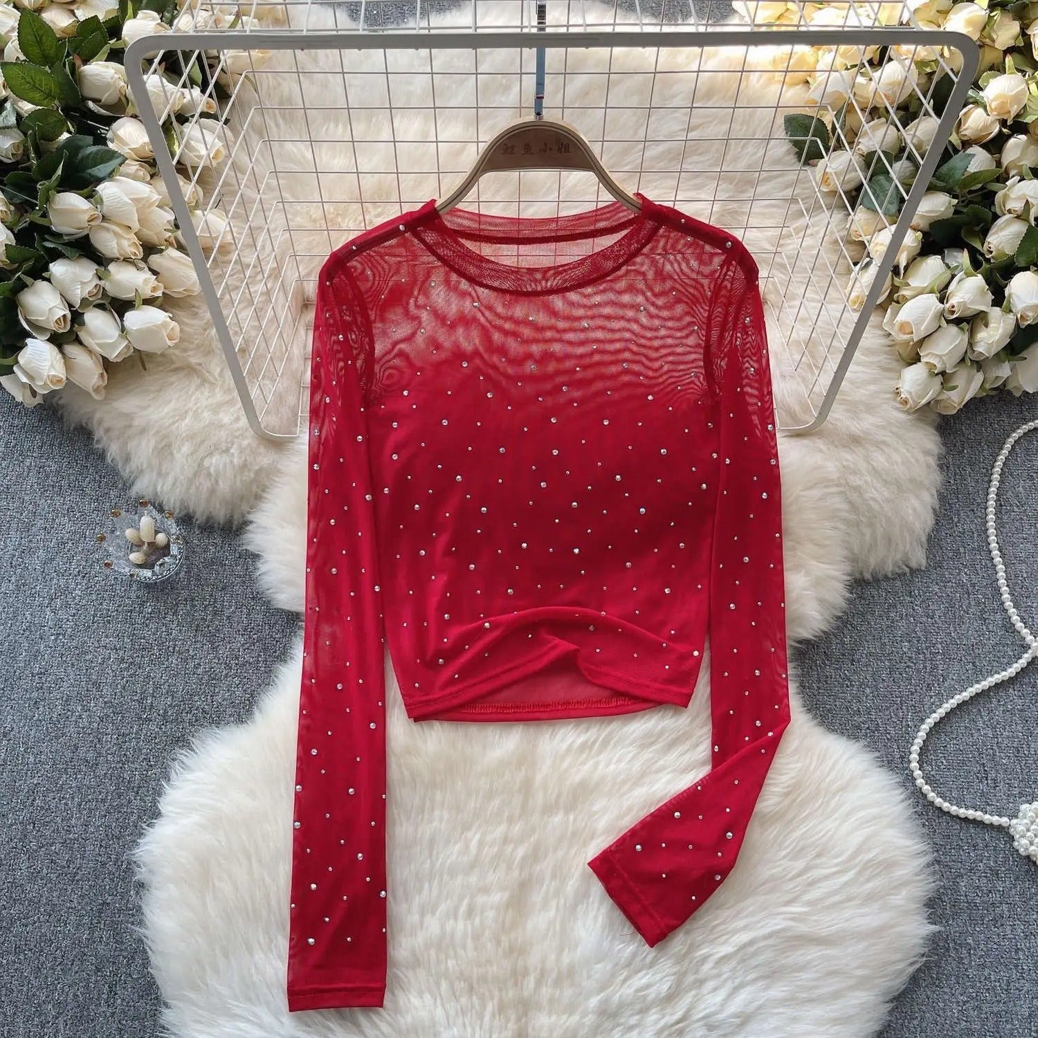 Dame Rhinestone Mesh langærmet Crop Top
