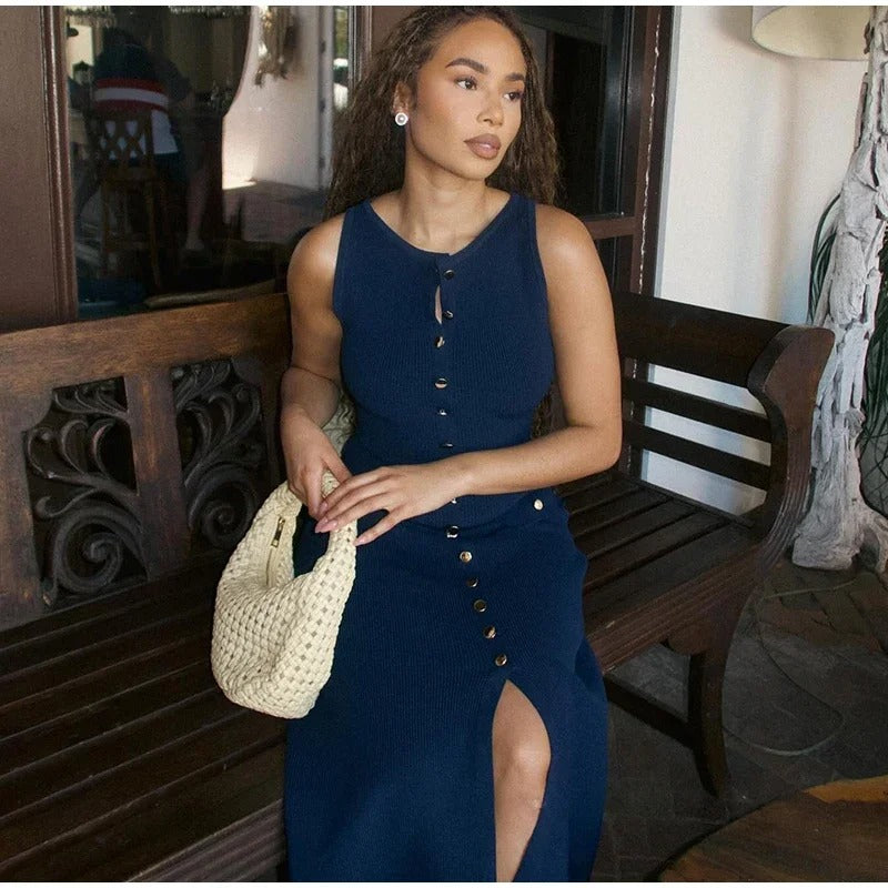Kvinders strikket ærmeløs Button-Up Bodycon-kjole