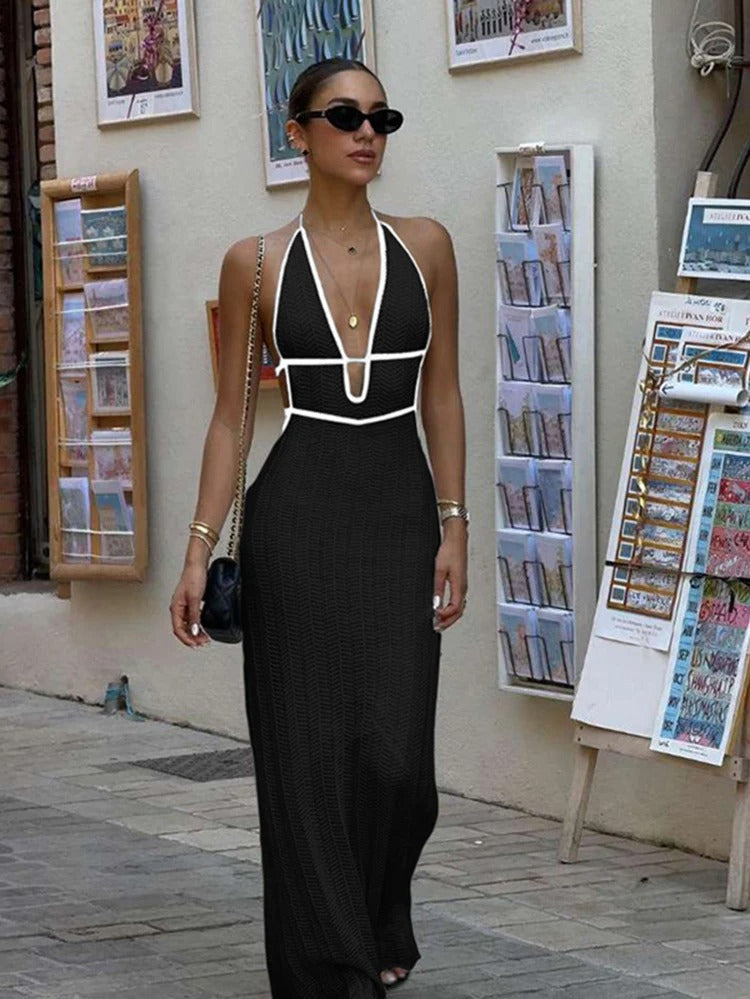 Kvinders Colour Block Lace-Up Rygløs Halter Dress